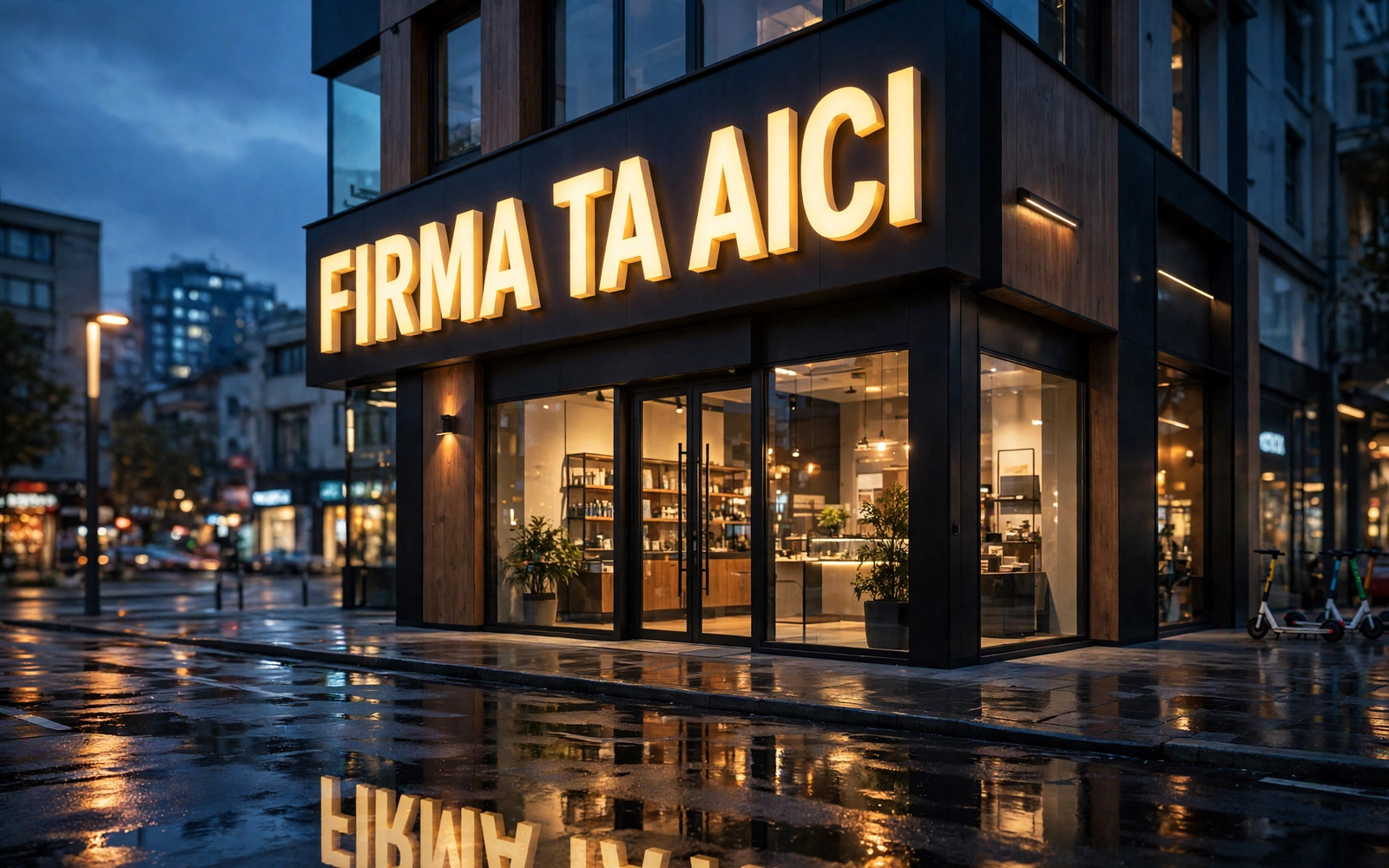 Firmă luminoasă pe fațadă, seara
